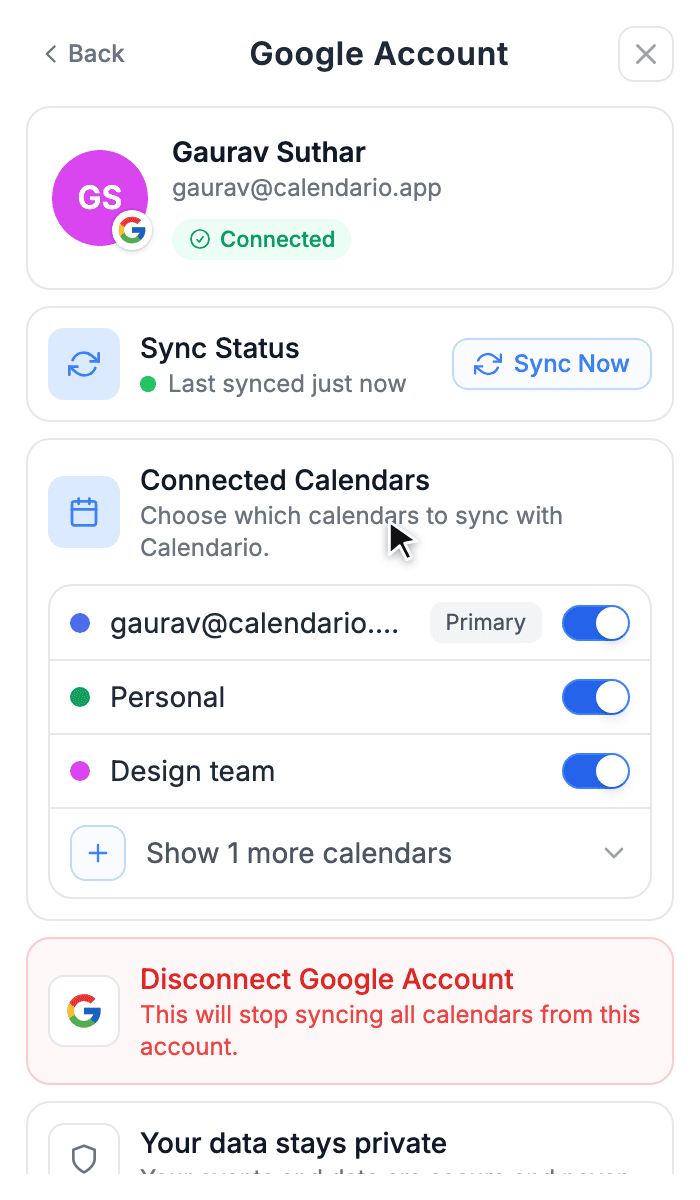 Google Account page with sync status and connected calendars