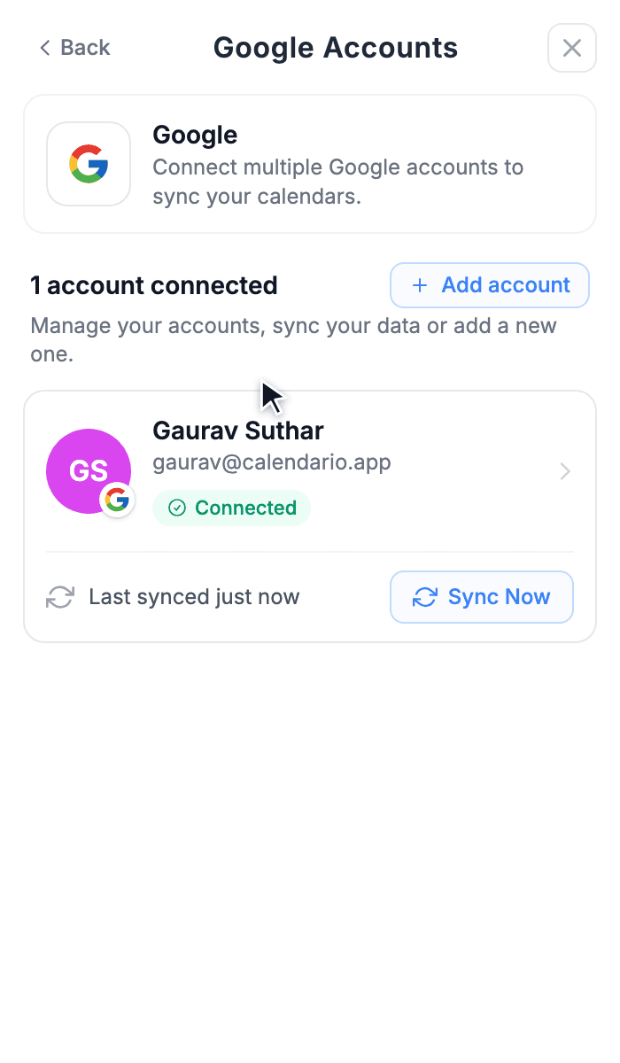 Google Accounts page listing one connected account with its sync status