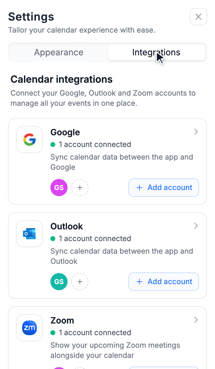 Integrations tab with Google, Outlook and Zoom cards, each showing one connected account and an Add account button