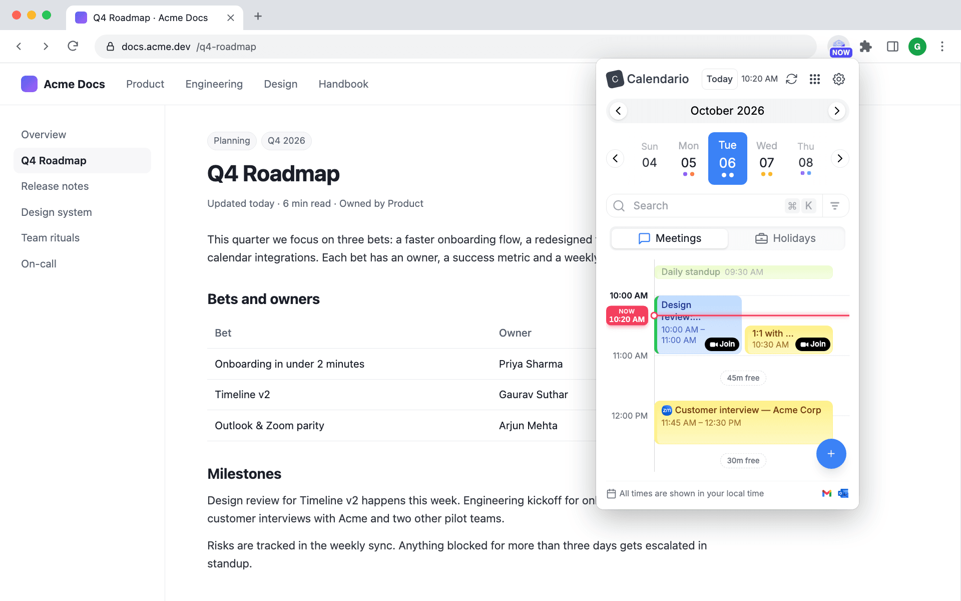 Calendario open as a popup over a web page, showing today's timeline