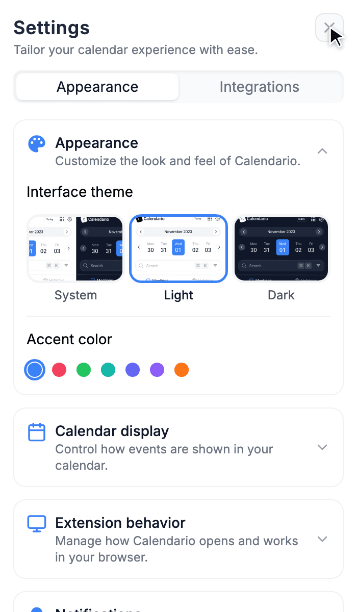 Appearance settings with theme previews and accent color swatches