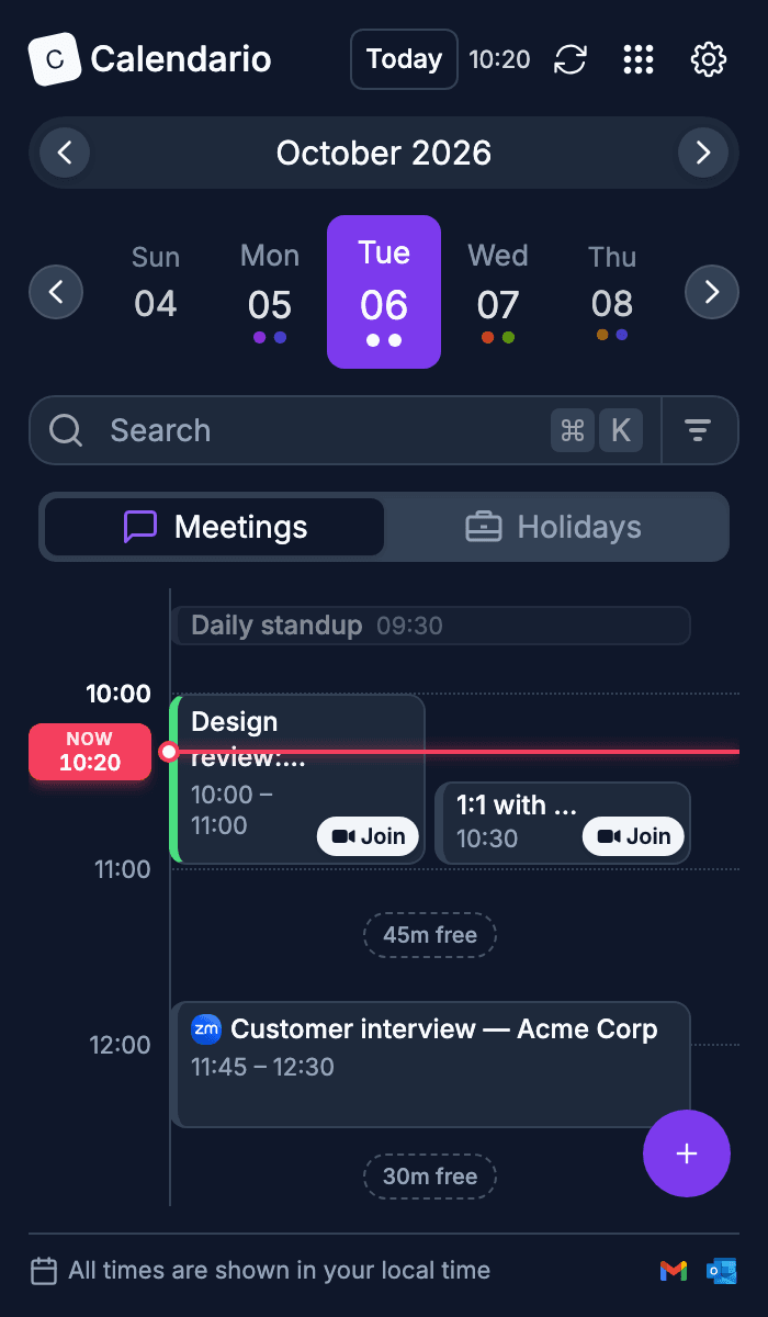 Calendario in dark mode with violet accent and 24-hour times
