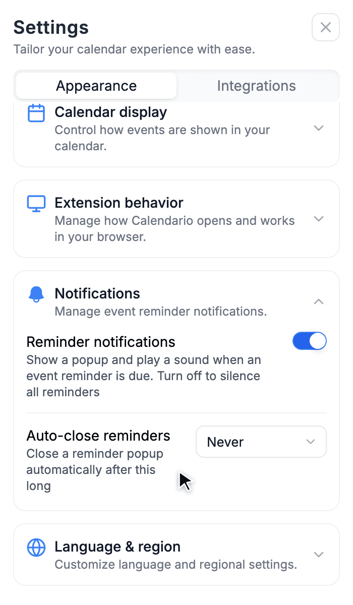 Notifications settings with the Reminder notifications switch and the Auto-close reminders dropdown set to Never