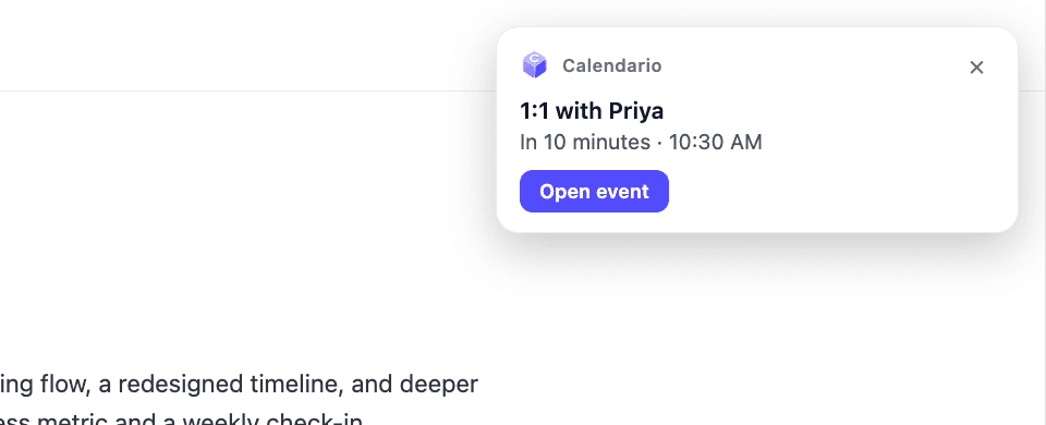 Close-up of a reminder card: Calendario, 1:1 with Priya, In 10 minutes · 10:30 AM, Open event