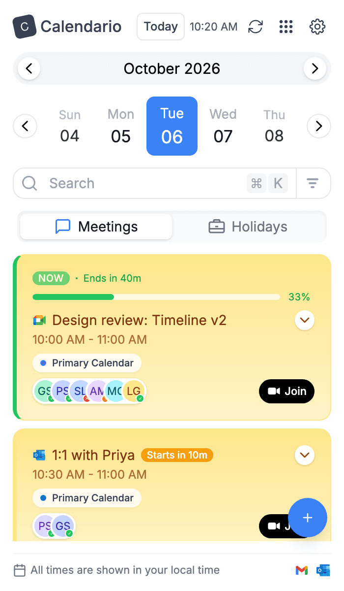 Calendario showing today's events as a list of cards instead of a timeline