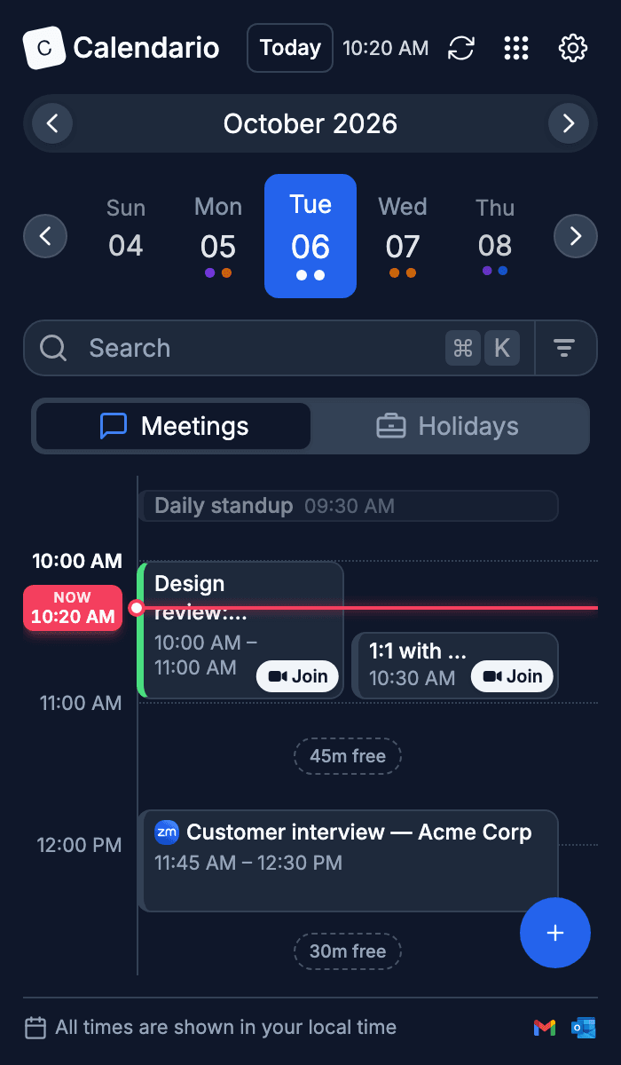 Timeline in dark mode with the Now line at 10:20 AM