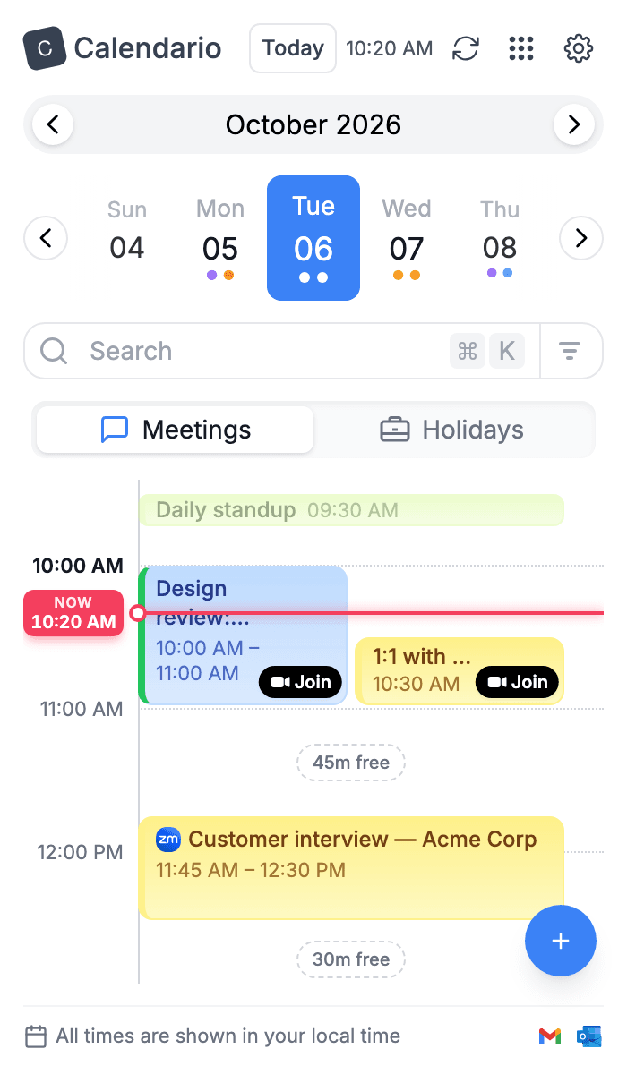 Timeline in light mode with the Now line at 10:20 AM