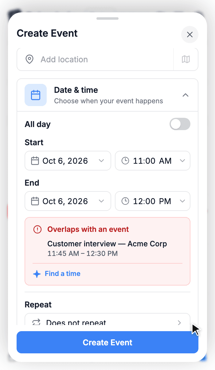 Overlaps with an event warning showing the clashing customer interview and a Find a time link