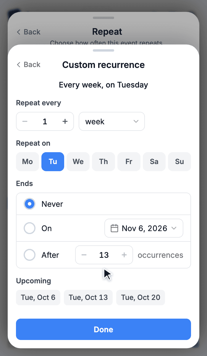 Custom recurrence screen with repeat interval, weekdays and end options