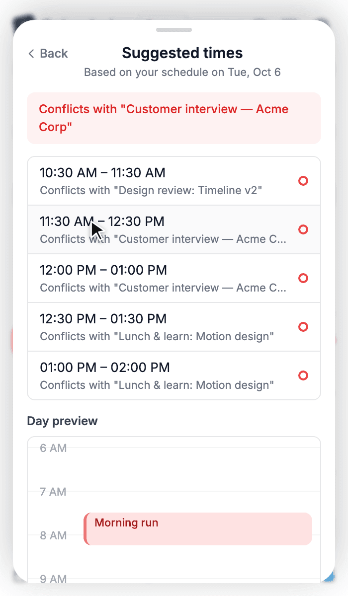 Suggested times list with conflicts marked, above a day preview