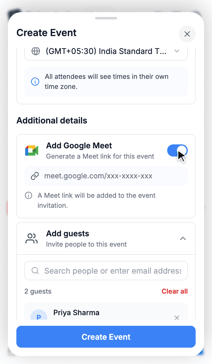 Additional details with Add Google Meet switched on and two guests added