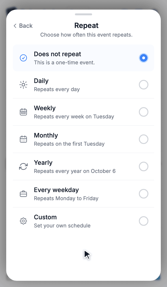 Repeat options: Does not repeat, Daily, Weekly, Monthly, Yearly, Every weekday, Custom