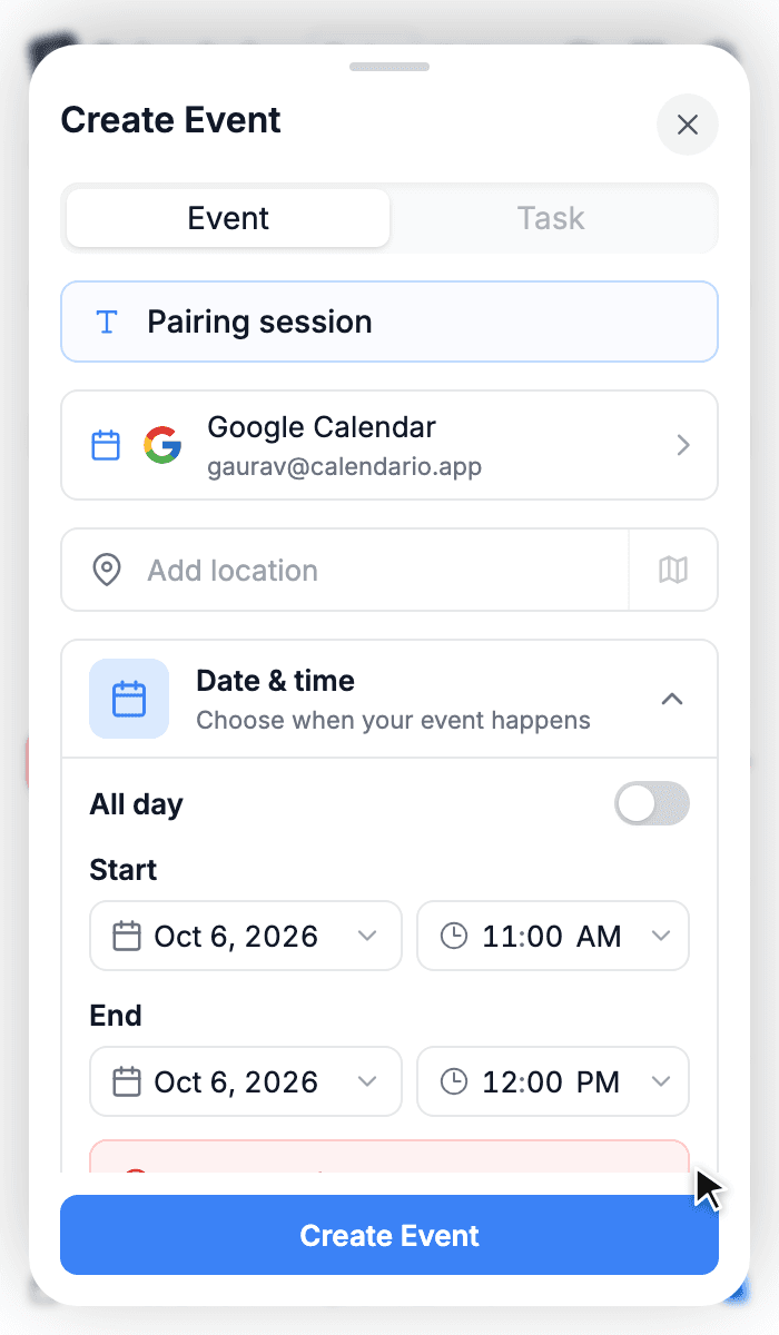 Create Event sheet with title, calendar picker, location and date and time fields