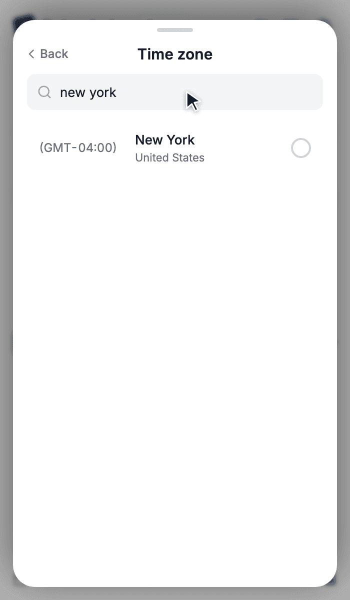 Time zone picker searching for New York