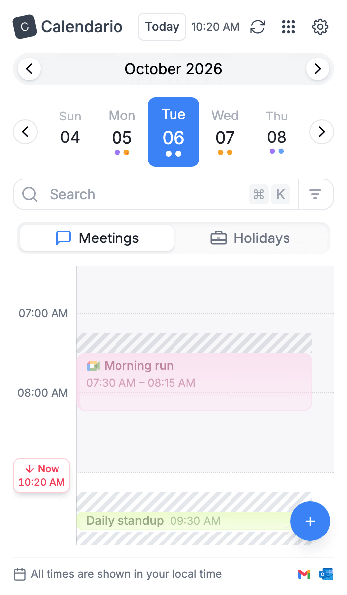 Morning timeline with hatched 15-minute buffers above each event and shaded hours before 9 AM