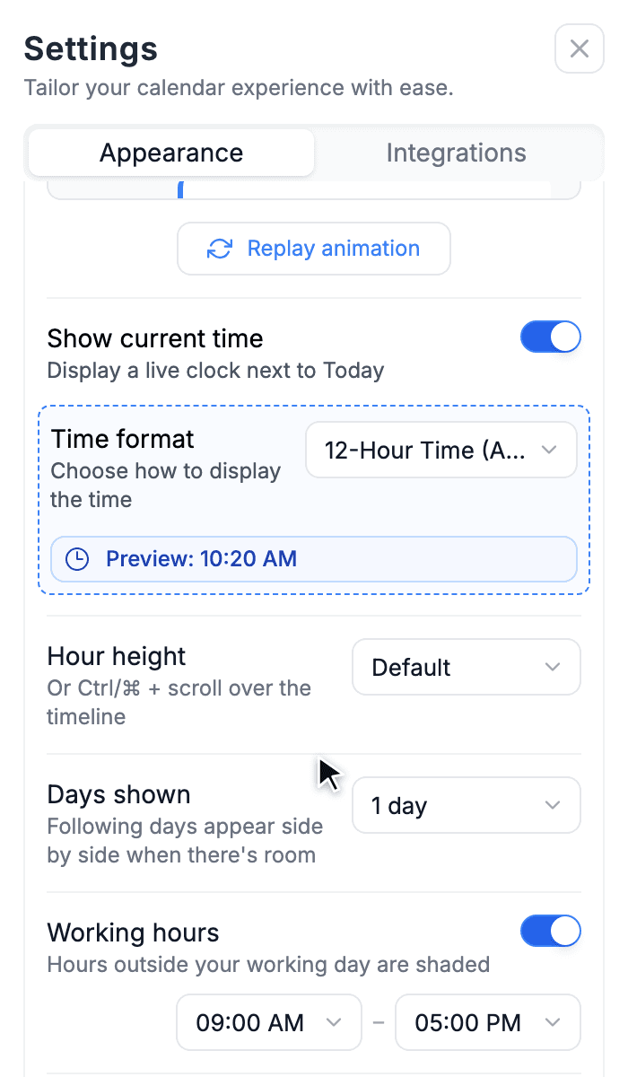 Timeline options: time format, hour height, days shown and working hours