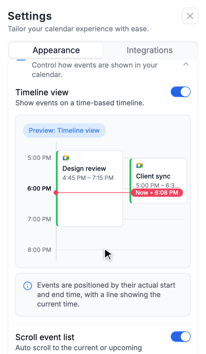 Calendar display settings with Timeline view and Scroll event list toggles and an animated preview