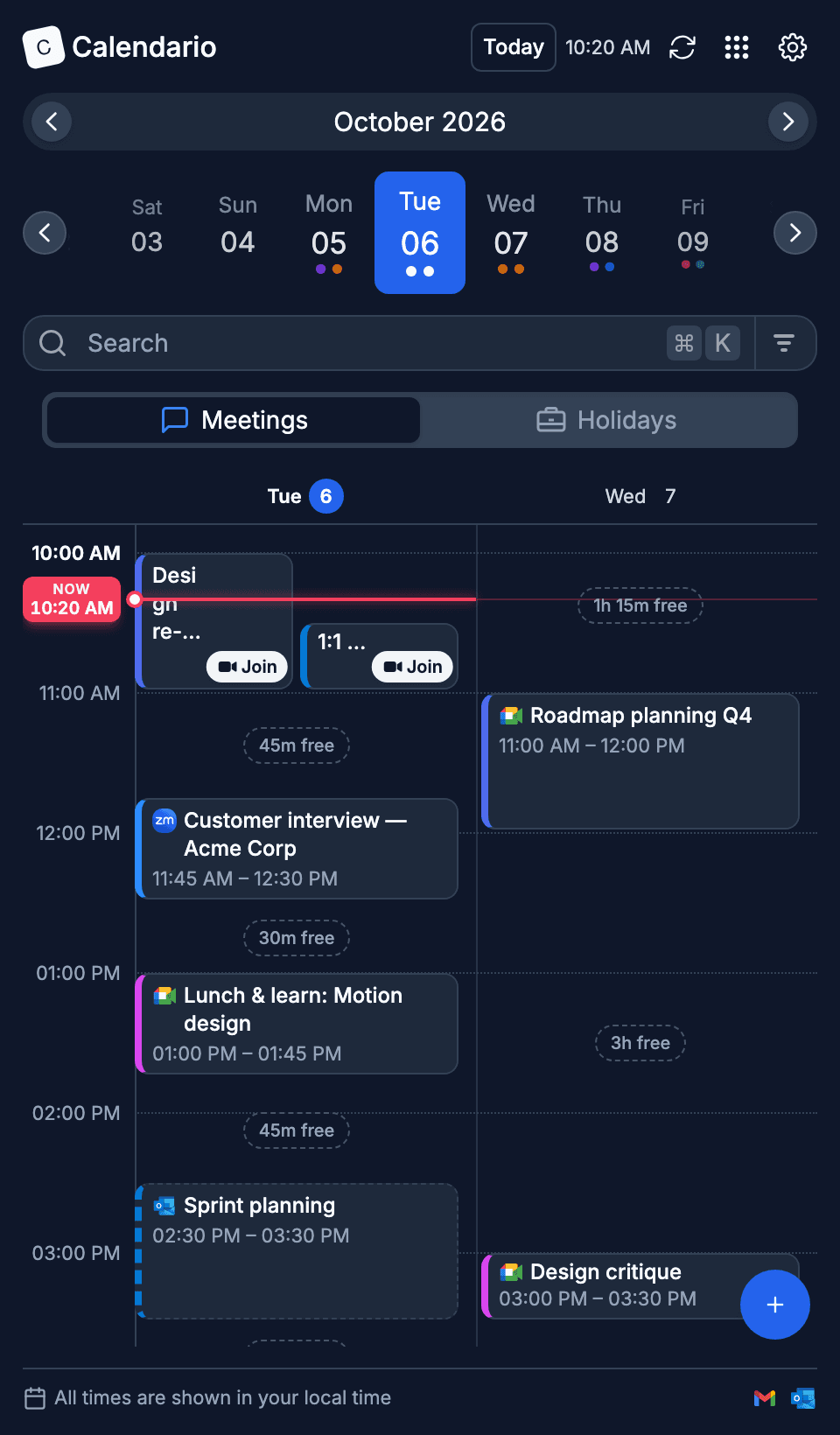 Side panel timeline showing Tuesday and Wednesday side by side in dark mode