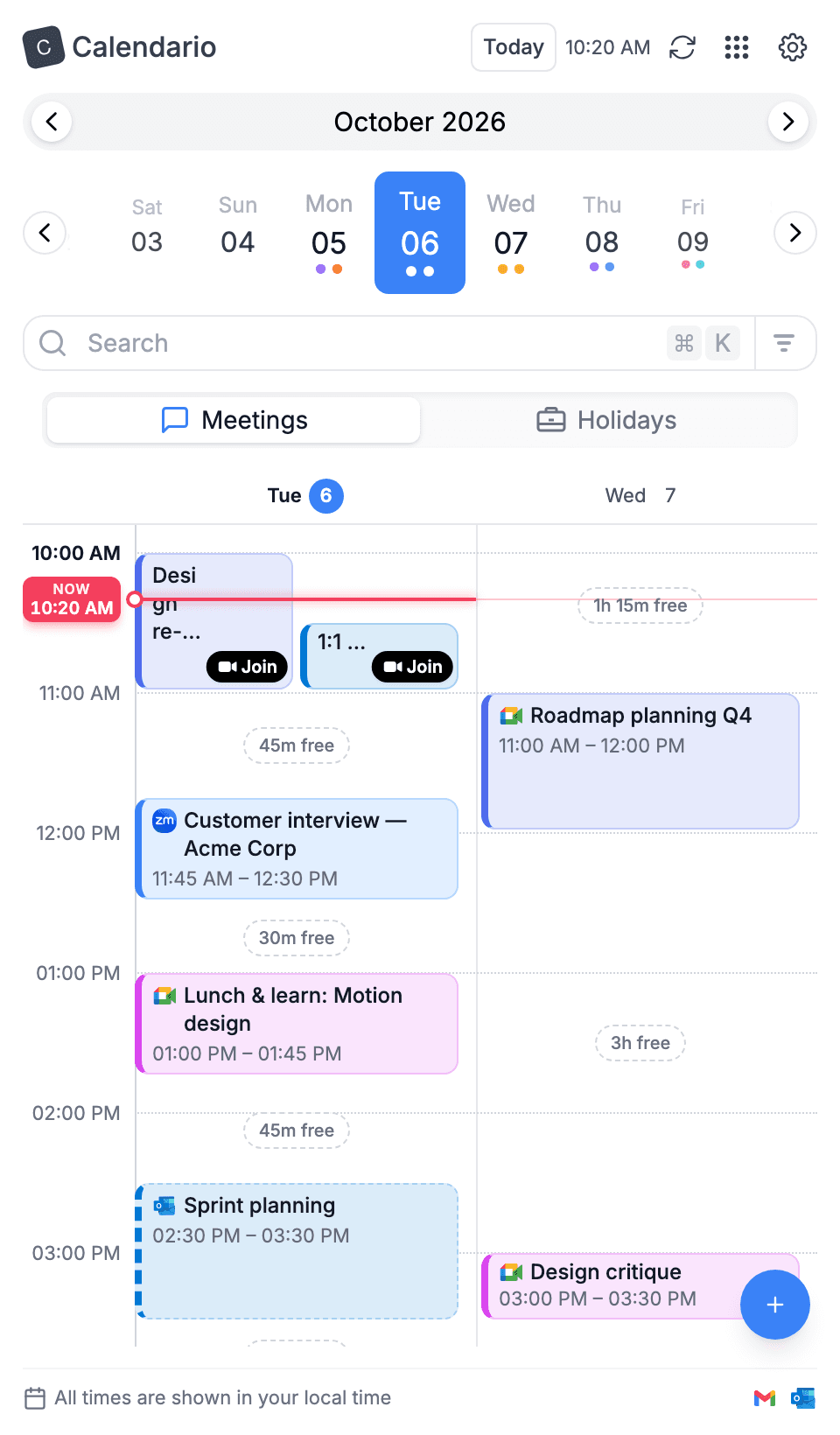 Side panel timeline showing Tuesday and Wednesday side by side in light mode