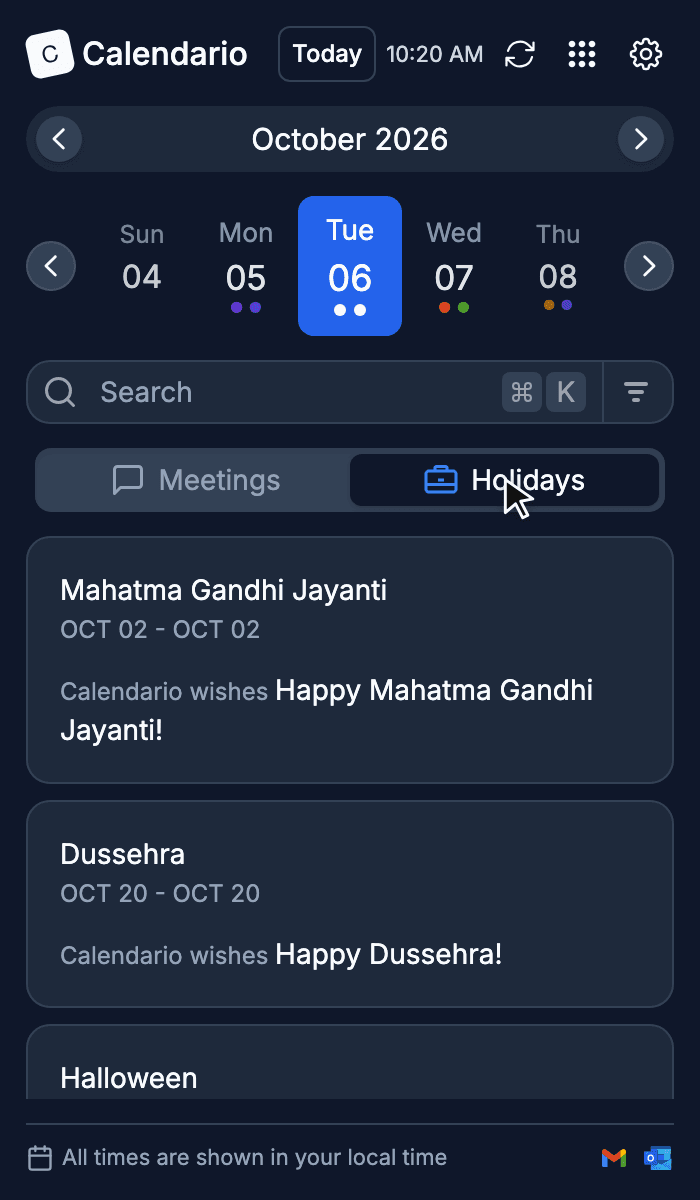 Holidays tab in dark mode