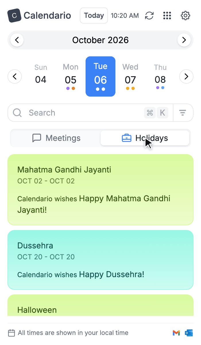 Holidays tab listing Mahatma Gandhi Jayanti, Dussehra and Halloween as colored cards