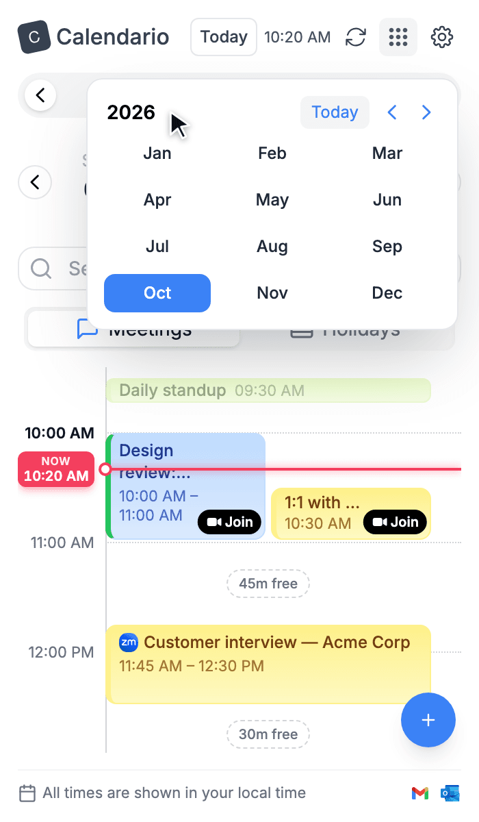 Year picker showing the twelve months of 2026