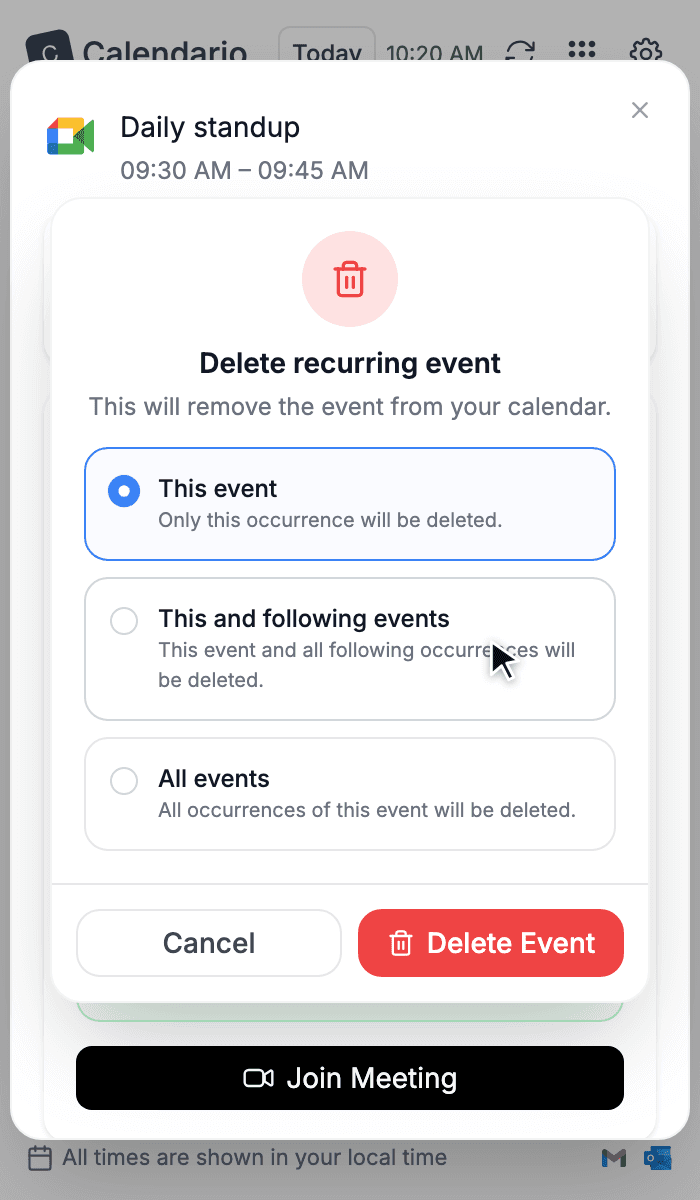 Delete recurring event dialog with This event, This and following events, and All events
