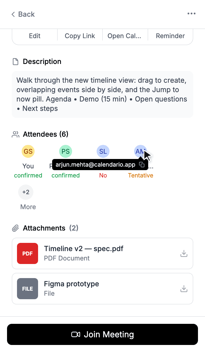 Event detail page with attendee list and downloadable attachments