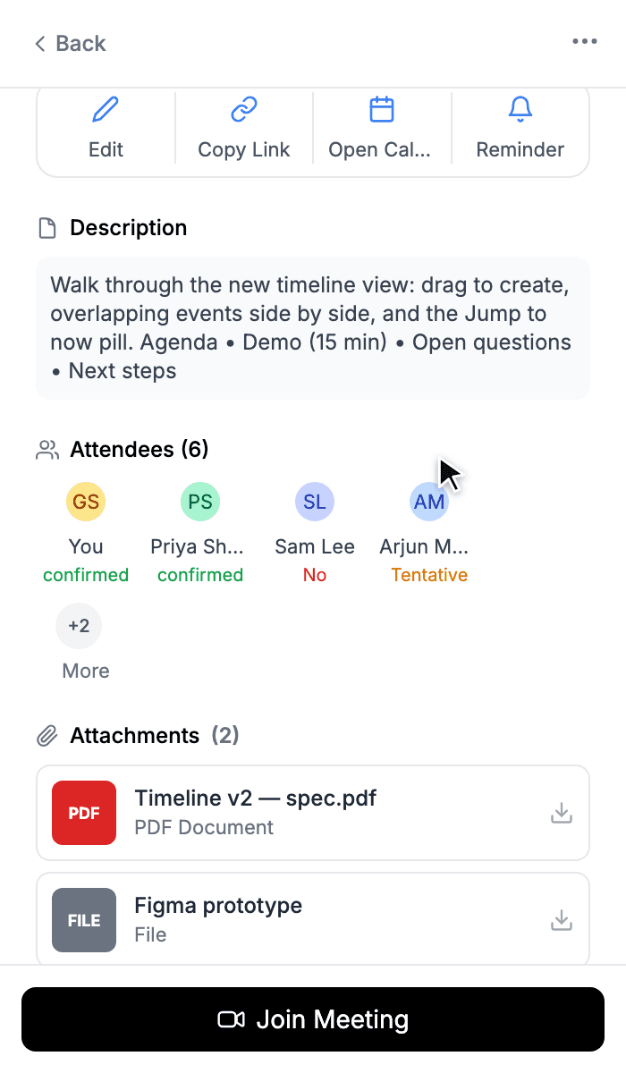Event detail page with quick actions, description and attendee responses