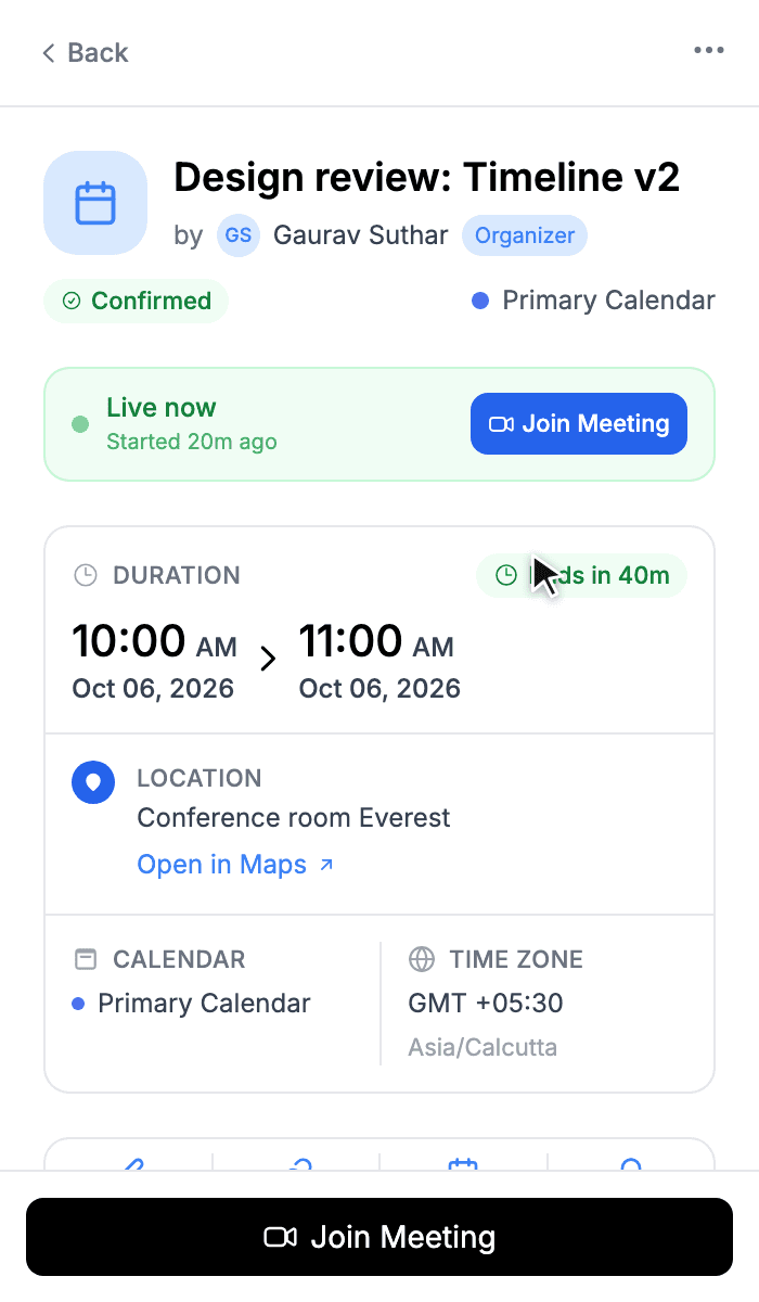 Event detail page header with status, Live now banner, duration, location and calendar