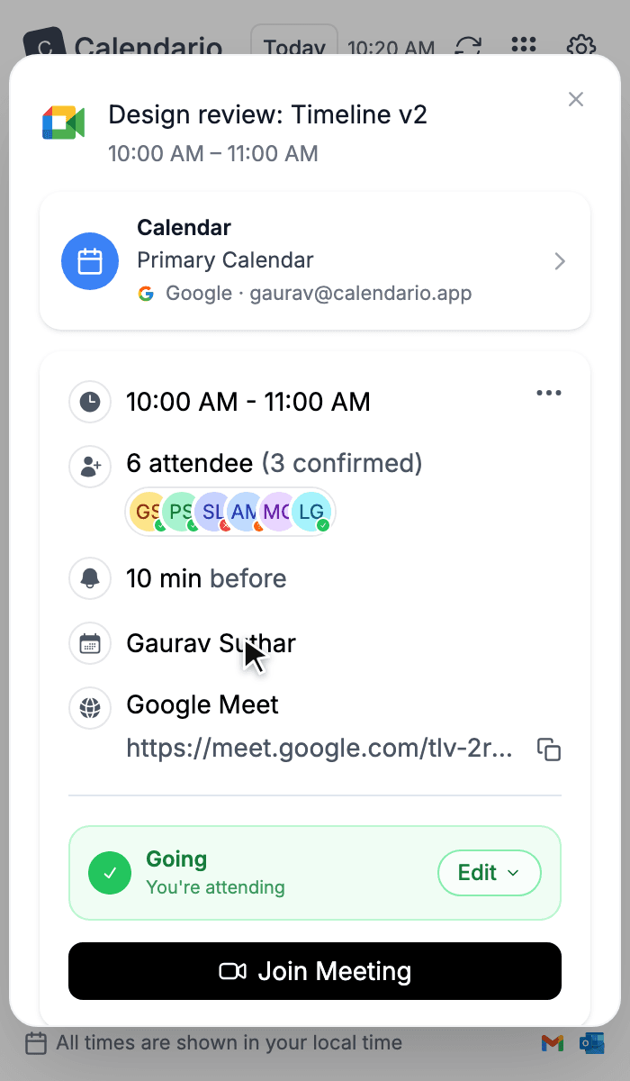 Event card for Design review: Timeline v2 with calendar, time, attendees, reminder, organizer, Google Meet link, Going status and Join Meeting button