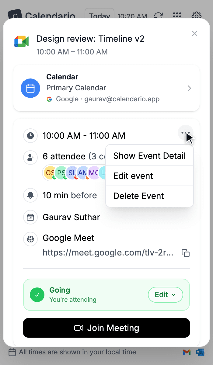 The more menu with Show Event Detail, Edit event and Delete Event