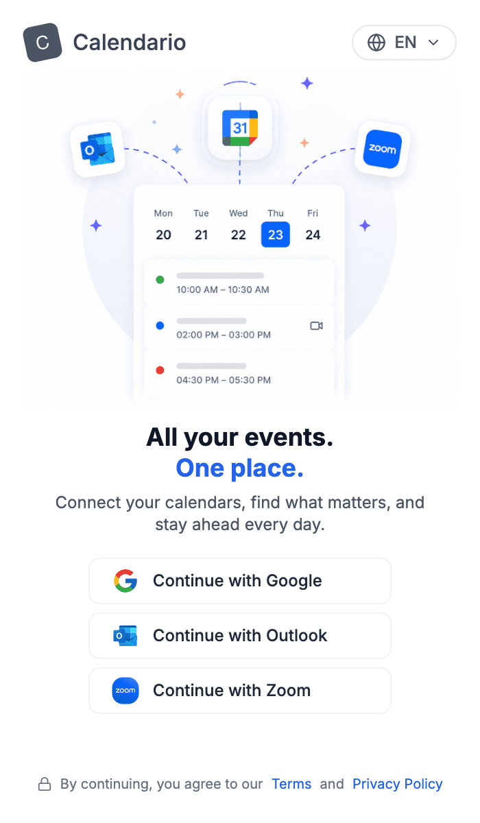 Calendario welcome screen with Continue with Google, Continue with Outlook and Continue with Zoom buttons