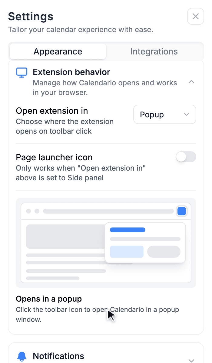 Extension behavior settings with Open extension in set to Popup, the Page launcher icon switch, and a preview of the popup mode