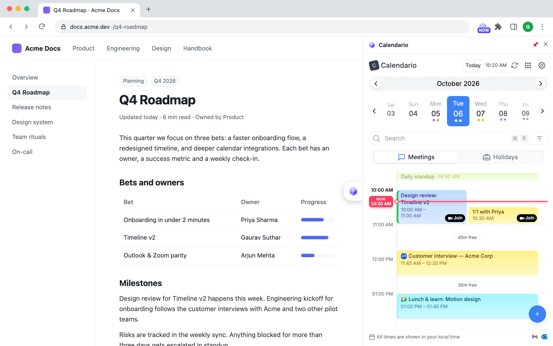 Chrome with a docs page on the left and Calendario's timeline docked in the side panel on the right