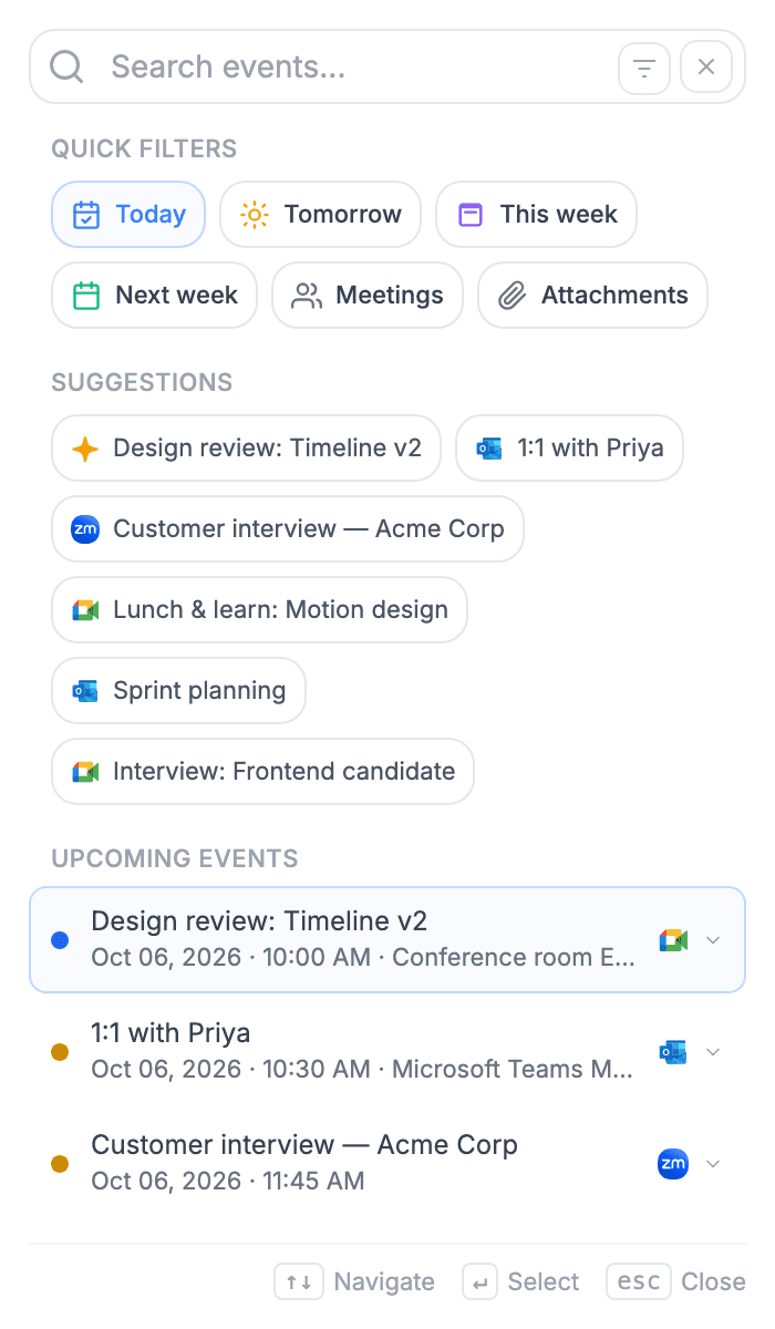 Search browse page with quick filters, suggestions and upcoming events