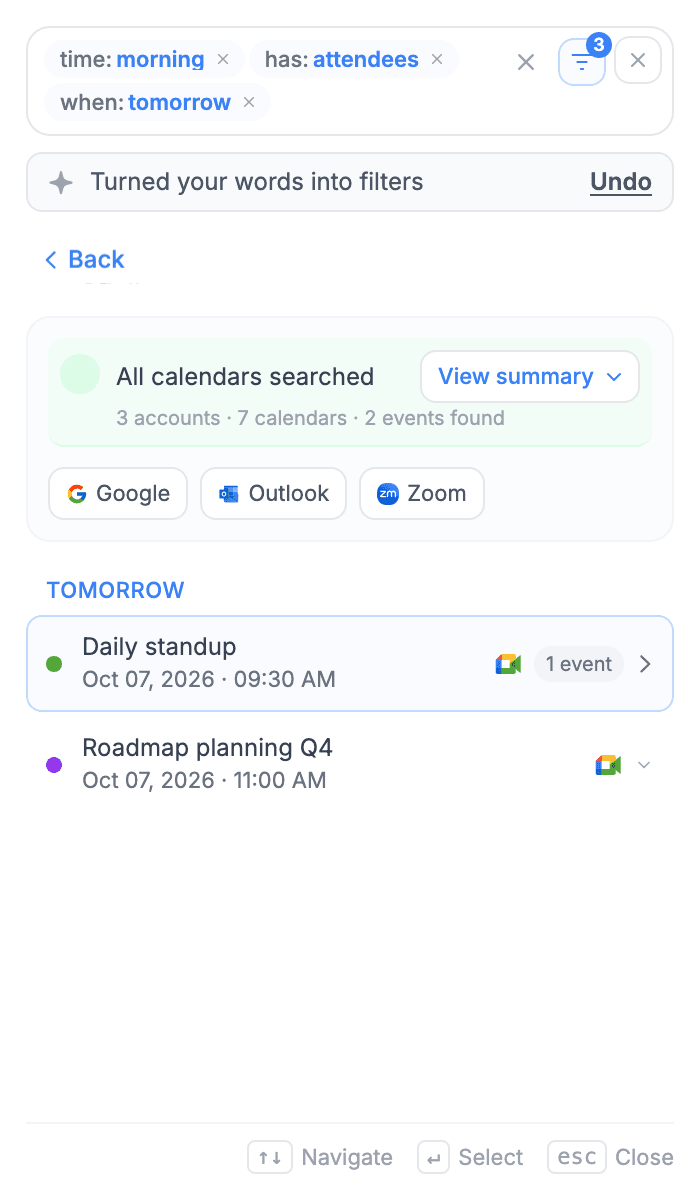 Search results for meetings tomorrow morning with three filter chips