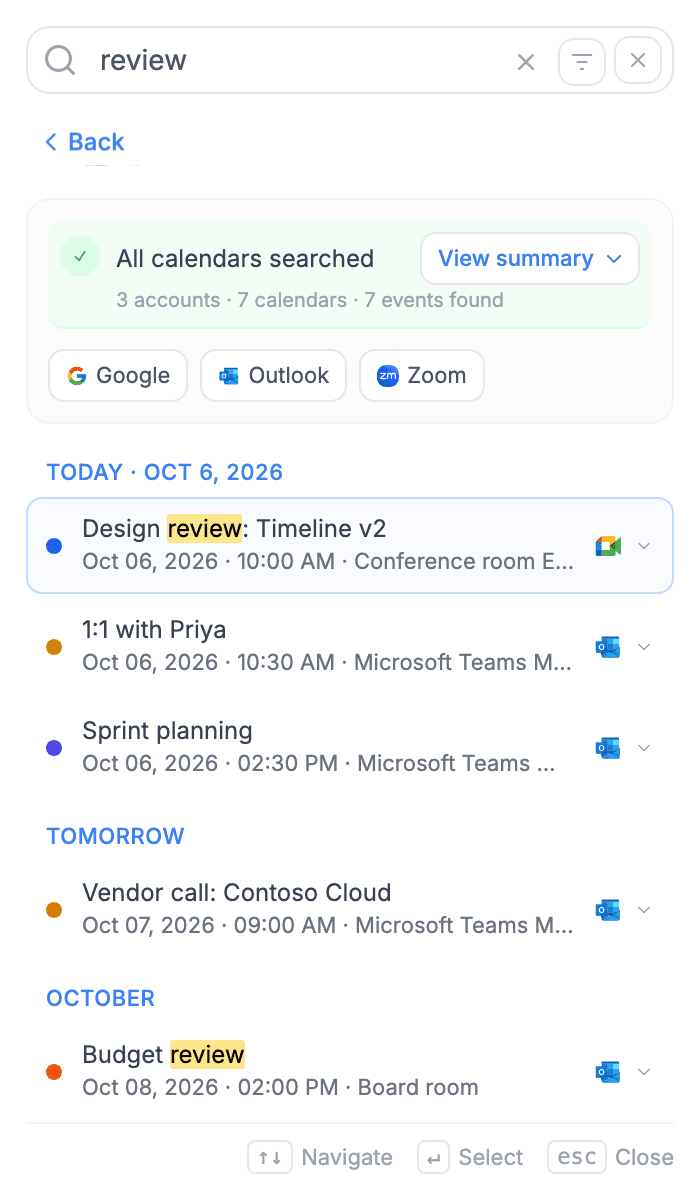 Search results for review, grouped by day, with a summary of accounts and calendars searched